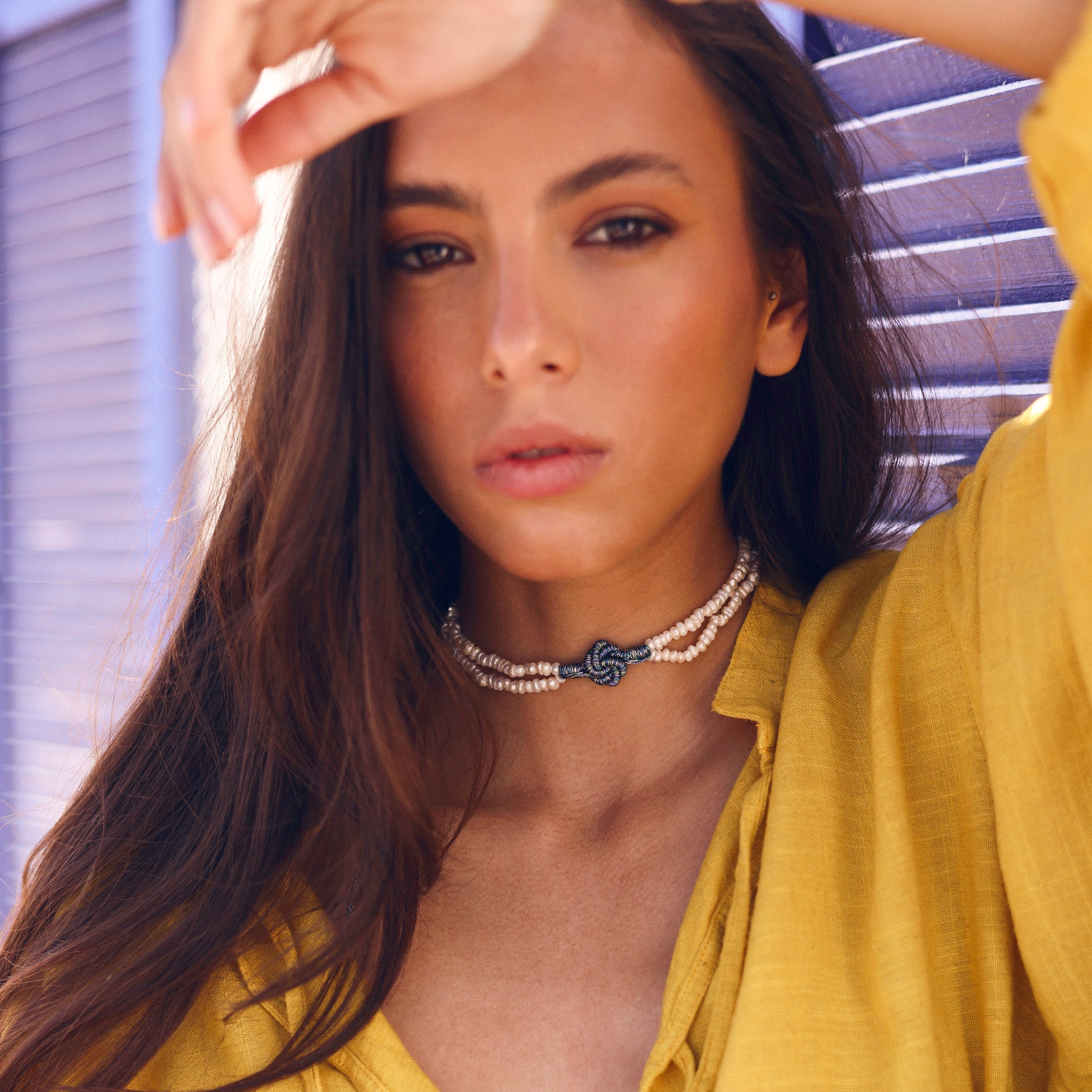 Coralia w/ Joher Necklace in Peach Jade Lapis