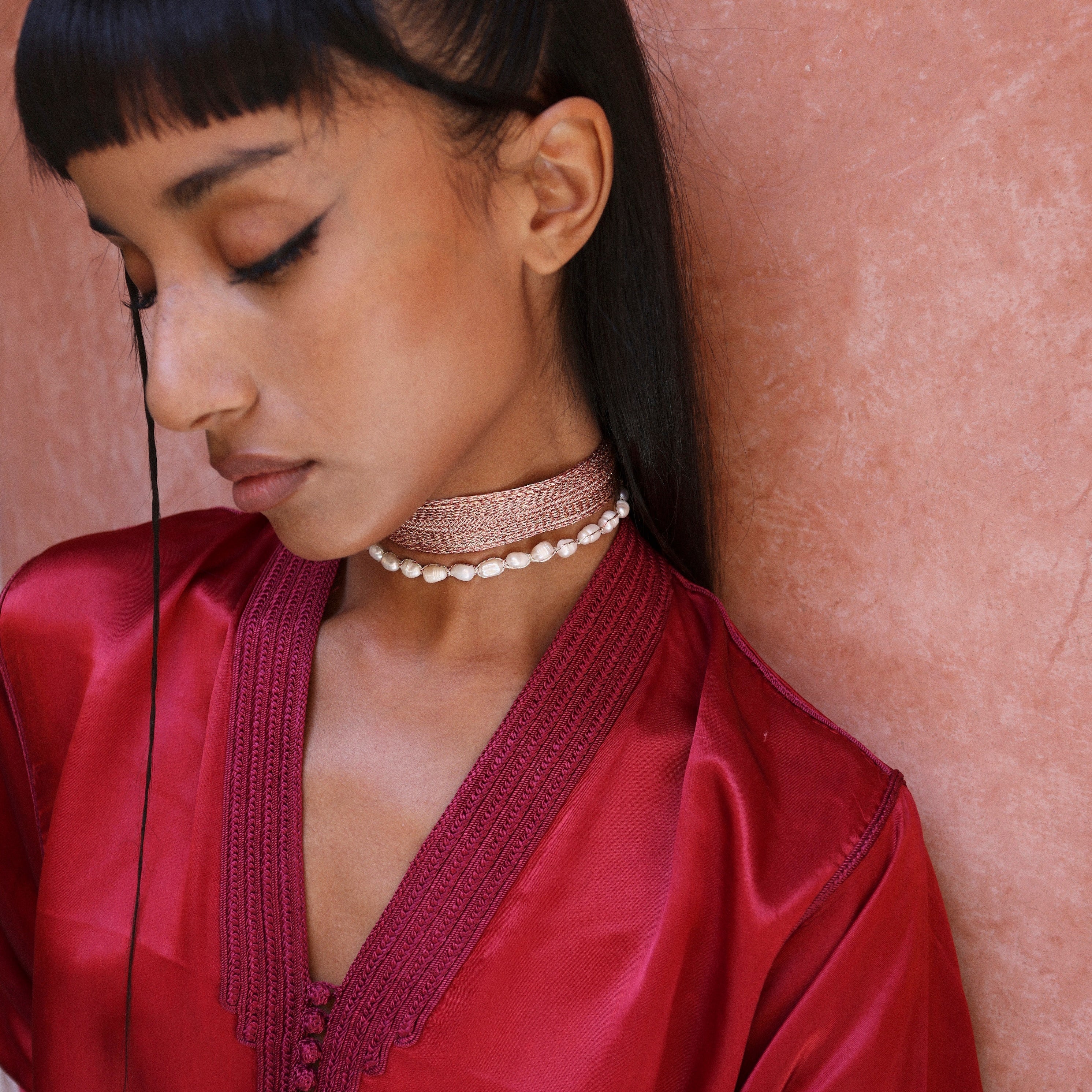 Maxi Anar Necklace in Gold & Silver Almond Brick Red